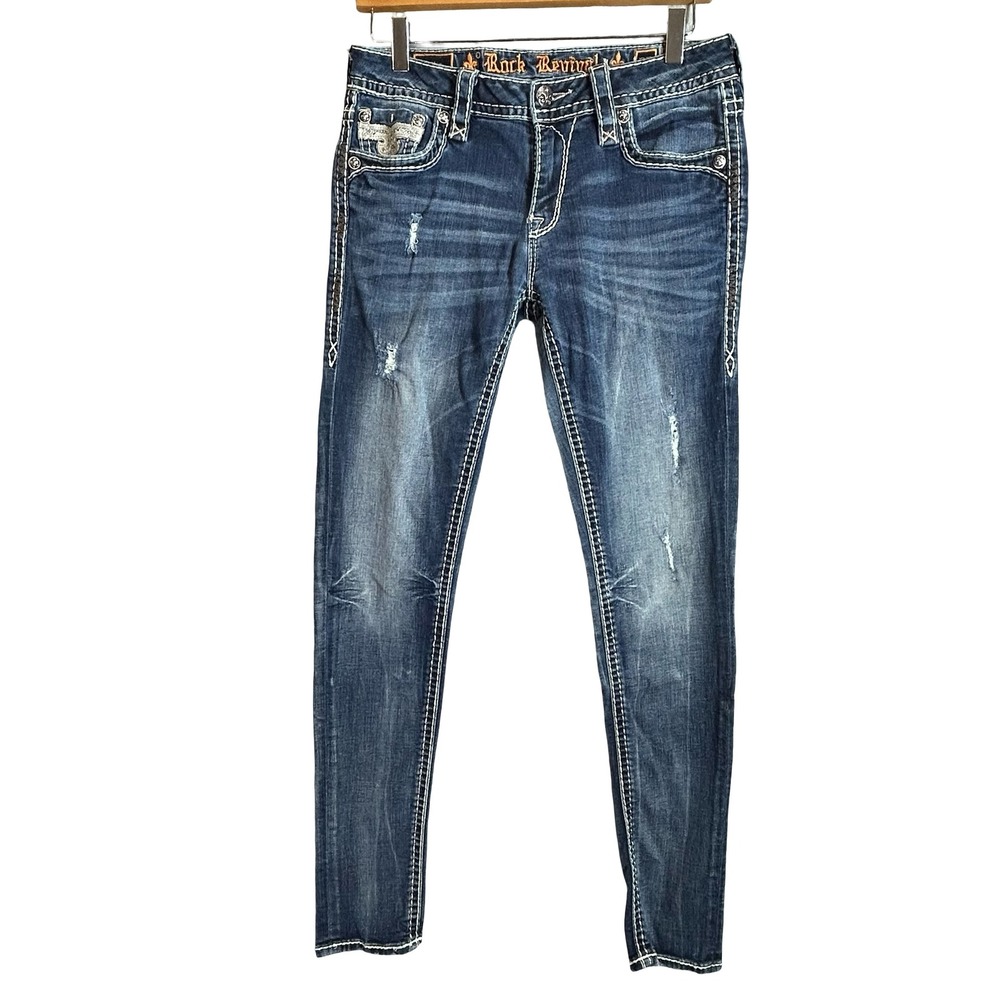 Rock Revival Pilkin Mid-Rise Skinny Jeans Blue Dark Wash Distressed Womens 29